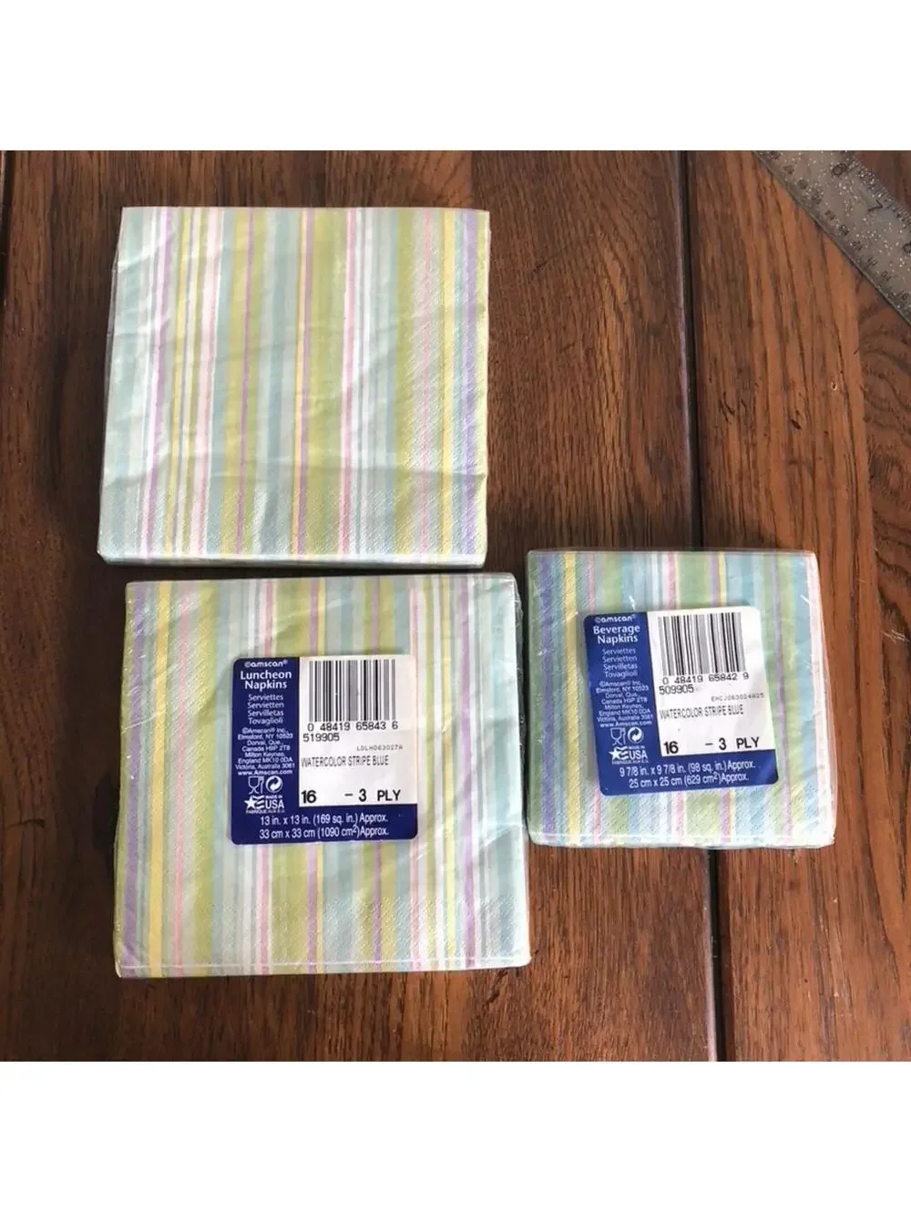 Amscan 2 Luncheon 1 Beverage Napkins Watercolor Stripe Blue Made in USA NWT